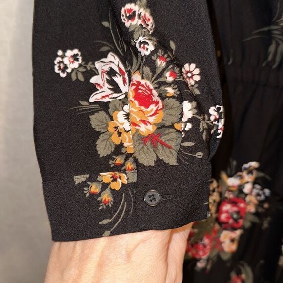 LOFT M Pullover Black Floral Quarter Sleeve Shirt Dress - Picture 6 of 13